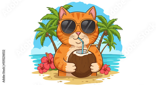 Adorable orange tabby cat wearing sunglasses enjoying a refreshing coconut drink on a tropical beach surrounded by palm trees and hibiscus flowers under a bright blue sky with fluffy white clouds