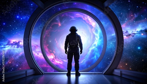 A lone astronaut, silhouetted against a swirling nebula, gazes out the window of a futuristic spaceship. Represents space exploration and cosmic wonder.