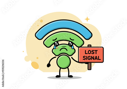 Cute Sad Wi-Fi Symbol Character Holding a Lost Signal Sign with Tears of Frustration and Disconnection Feeling Lost and Alone in a Digital World