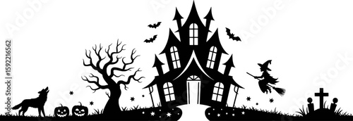 Spooky haunted mansion with howling wolf flying witch and graveyard scene halloween vector