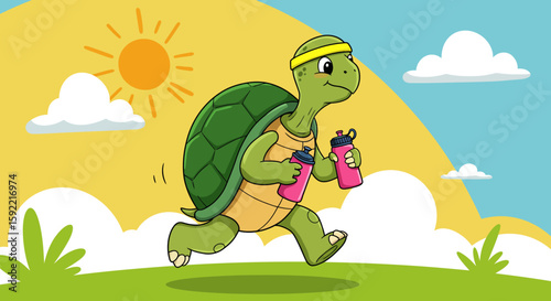 An energetic cartoon tortoise with a headband and water bottles is happily jogging through a sunny field with green grass under a bright blue sky