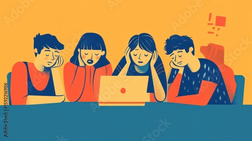Four tired people looking at a laptop