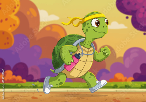A Cheerful Cartoon Turtle Enthusiastically Engaged in a Morning Jog Through a Scenic Park with a Colorful Autumnal Backdrop