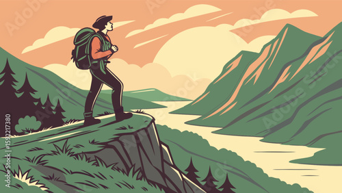 Hiker on mountain top enjoying scenic view of mountain range landscape outdoor adventure and travel concept