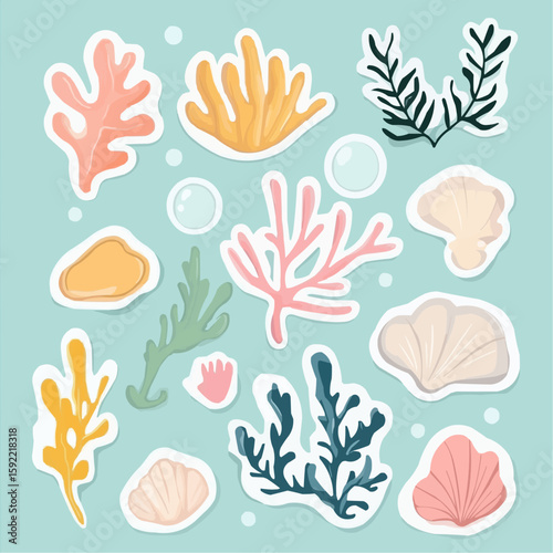 Simple coral and plant stickers with clean white outline, designed for eco-friendly packaging, product labels and summer collection branding