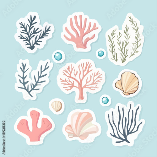 Minimal flat coral and sea plants with bold shapes and sticker outlines, ideal for kids' craft sets, journals and ocean scrapbooks