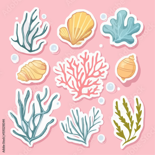 Cute underwater plant stickers in soft pastel palette with white borders, suitable for nursery printables, gift tags and party decoration