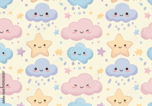 Adorable Kawaii Dreamy Clouds and Stars Pastel Colors Falling Rain Baby Nursery Seamless Pattern Design for Textiles and Decor