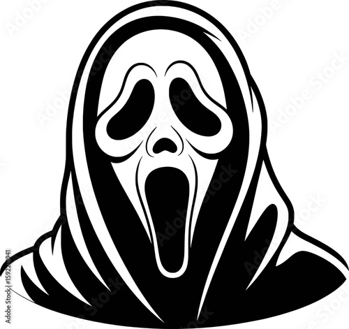 Terrifying ghost mask with open mouth and flowing hood scream horror