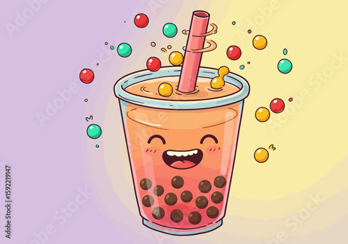 Kawaii Boba Tea Character Enjoying a Sweet Beverage Bursting with Joyful Bubbles and Colorful Spheres Floating Around the Delightful Drink