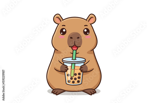 Adorable Capybara Enjoying a Refreshing Bubble Tea with Tapioca Pearls and a Green Straw a Delightful Cute Animal Character Illustration
