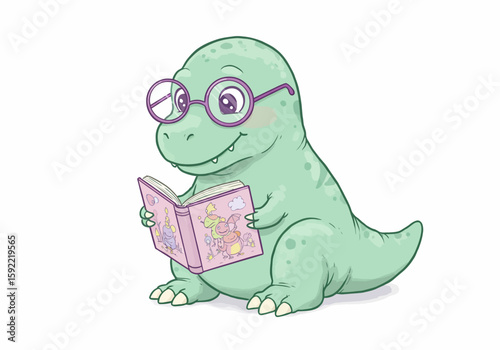 A Charming Illustration of a Young Green Dinosaur Wearing Round Glasses Happily Reading an Open Book Filled with Magical Creatures and Fairy Tale Illustrations