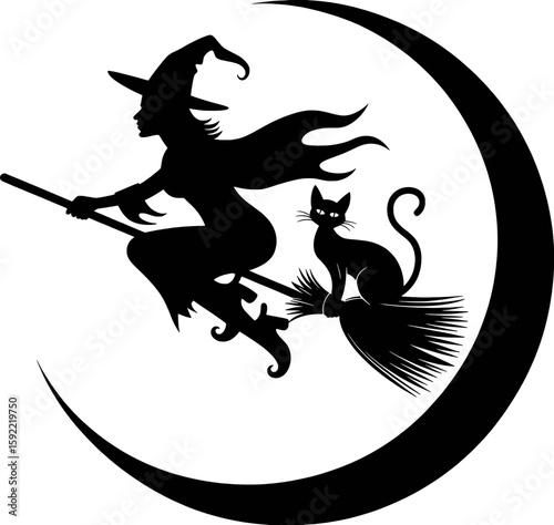 Witch flying on broomstick with cat against crescent moon vector