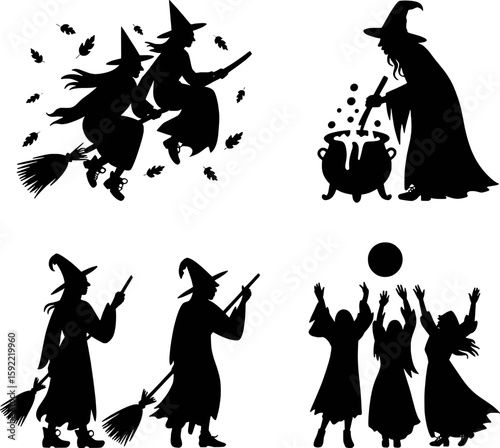 Witches flying brewing and dancing under moon broom cauldron