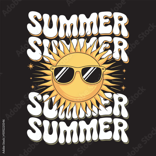 A vibrant "Summer Summer Summer" design with a sun wearing sunglasses, representing endless summer fun. Vector illustration t shirt design