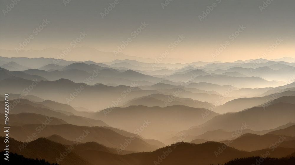 Fototapeta premium Majestic mountain range viewed at dusk under a hazy sky with layers of mist creating a serene atmosphere