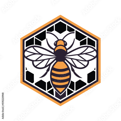 Honey Bee Logo in Hexagon with Honeycomb Pattern On White Background