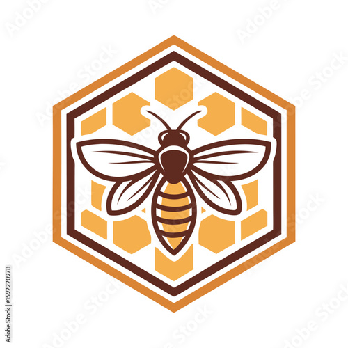 Honey Bee Logo in Hexagon with Honeycomb Pattern On White Background