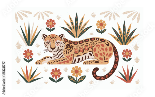 Stylized Jaguar Illustration with Floral and Botanical Elements, Featuring Earth Tones and a Playful, Decorative Design on a White Background, Perfect for Prints.