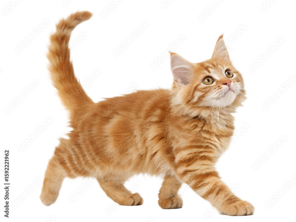 Adorable orange tabby kitten with fluffy tail walking and looking up isolated on transparent background Adorable orange tabby kitten with fluffy tail walking and looking up isolated on transparent background