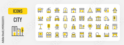 City icons. Cemetery, Bus Station, Police, School, Taxi, Traffic Cone, Building, Toilet Signs, City Hall, Hotel, Hydrant, Cable Car Cabin, Airport, Bus stroke vector illustration.	

