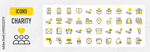 Charity icons. Give Money, Megaphone, Piggy Bank, Needy, Helping, Medicine, Ngo, Cheque, Toys, World, Vegetables, Donate, Food, Scholarship, Freedom, Vest stroke vector illustration.	
