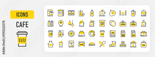 Cafe icons. Lamp, Menu, Coffee Machine, Lemonade, Bread, Tips, Takeaway, Closed, Apron, Coffee Pot, Cookie, Croissant, Donut, Egg, Frappe, Jelly, Macaroon stroke vector illustration.	
