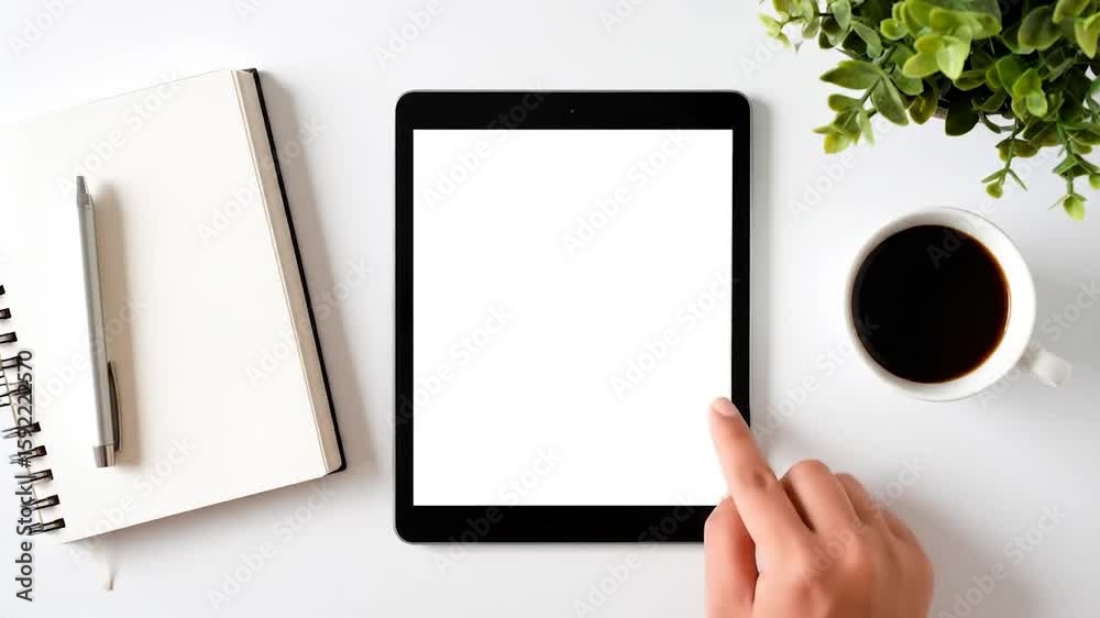 Modern workspace with tablet, notebook, coffee, and plant
