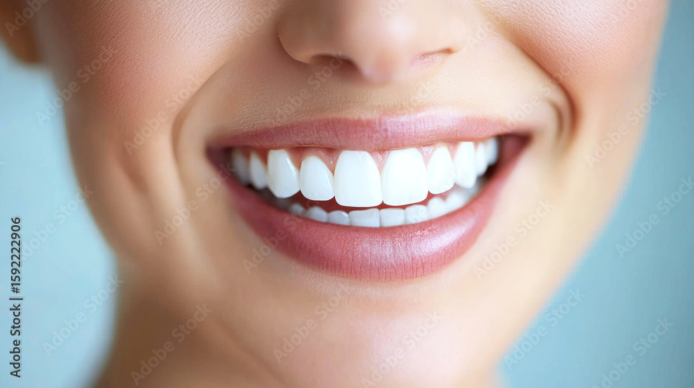 Obraz premium A smiling woman with white teeth and a pink lip color, wearing a white top and a blue skirt, against a light blue background.