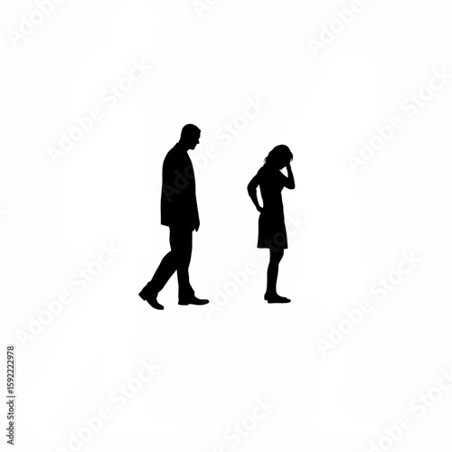 Silhouette of man walking away from upset woman on white background