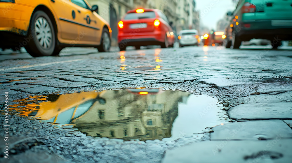 Fototapeta premium A puddle reflecting city traffic on a wet cobblestone street. Close-up view of a pothole filled with water, showing reflections of cars and buildings. Rainy day urban scene