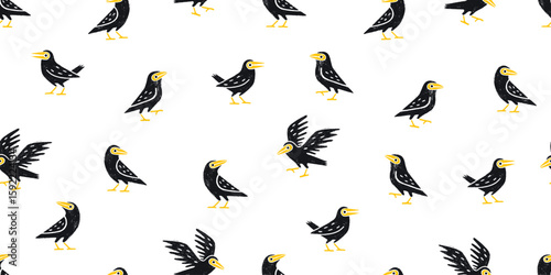 Seamless pattern with black birds in linocut style. EPS format for unlimited resizing and coloring.