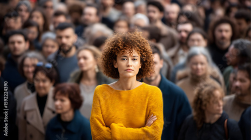 Confident curly-haired woman standing out in crowd   -
