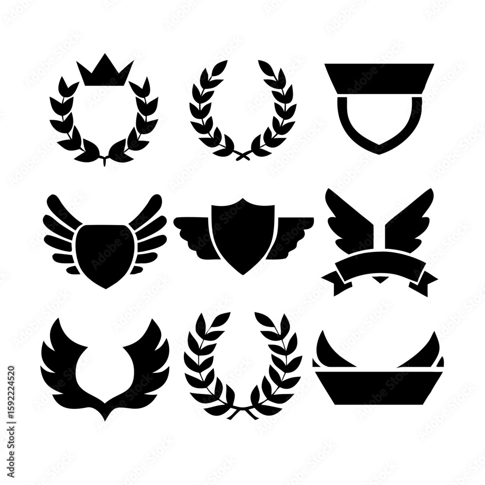 Obraz premium Laurel wreath, shield, wing, ribbon, and banners vector set. Laurel wreaths, shields, wings, ribbons illustration for awards, heraldry, logos, badges, and branding designs .