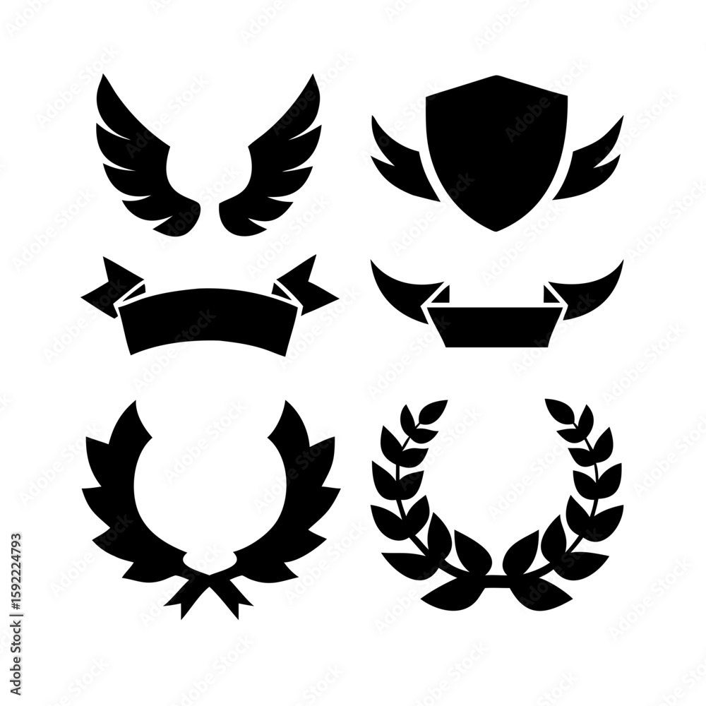 Obraz premium Laurel wreath, shield, wing, ribbon, and banners vector set. Laurel wreaths, shields, wings, ribbons illustration for awards, heraldry, logos, badges, and branding designs .