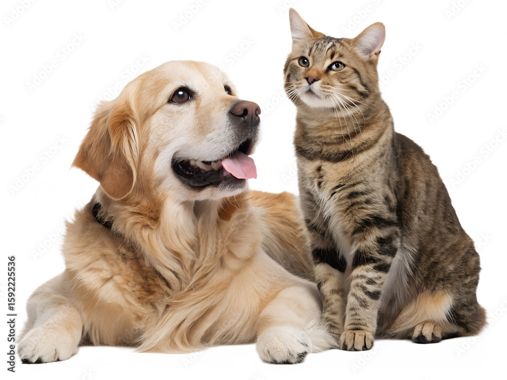 Fototapeta premium Friendly golden retriever dog and tabby cat sitting together isolated on transparent background