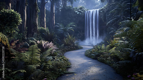 Lush, winding path through a misty jungle, leading to a cascading waterfall.  Dense foliage surrounds a paved walkway.  Soft light filters through the canopy