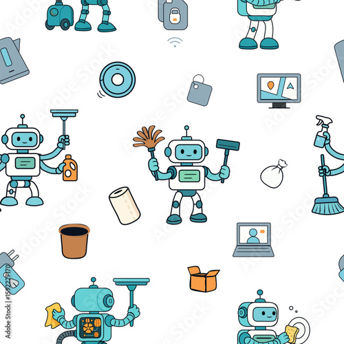 Seamless vector pattern with cute cleaning robots and household items on white background.