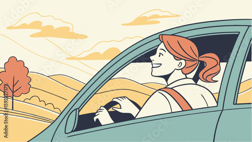 Woman driving car on road trip adventure enjoying the journey with scenic landscape and clear blue sky views