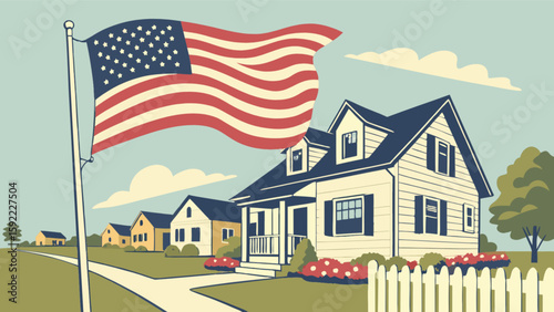 American dream home with us flag vector illustration for real estate and patriotic designs and independence day