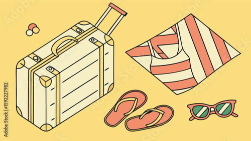 Summer vacation essentials suitcase sunglasses flip flops and beach towel travel planning illustration