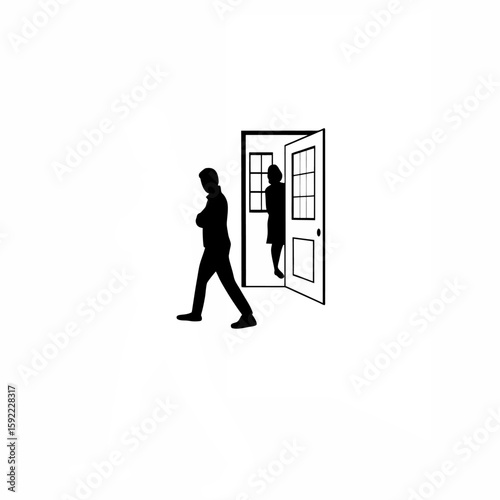 Silhouette of one partner leaving home angrily on white background