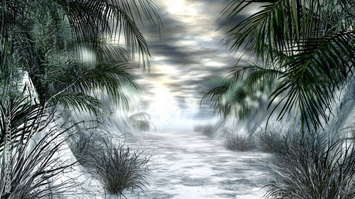 A frigid, ethereal pathway through a misty, tropical-like landscape.  Palm trees flank a path of ice.  A pale light filters through a cloudy sky