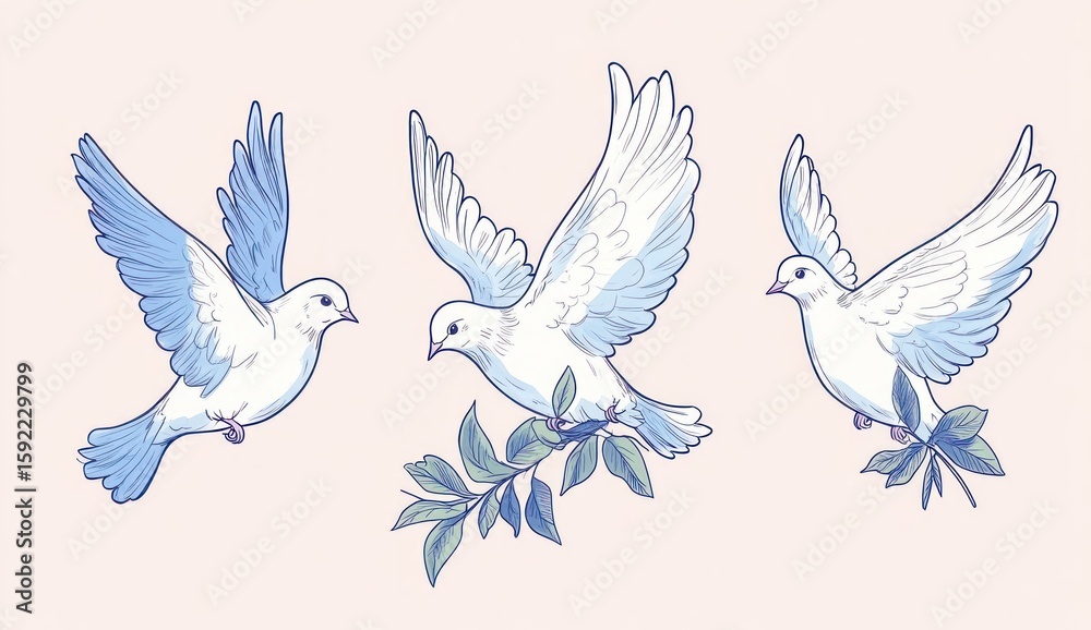 Fototapeta premium Three white doves in flight, with light teal accents, and leaves