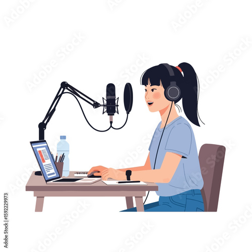 Woman recording a podcast with a microphone, laptop, and headphones at a desk.