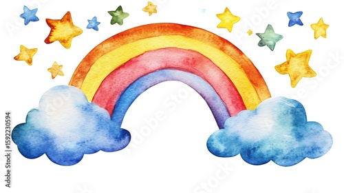 A celestial-themed watercolor scene featuring a rainbow arching across a sky filled with stars and puffy clouds.









