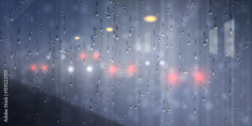 Raindrops flowing down the window with streetlights and car headlights, city night scene. Abstract background of city life at night during the rainy season.
