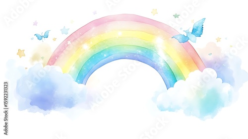 A celestial-themed watercolor scene featuring a rainbow arching across a sky filled with stars and puffy clouds.










