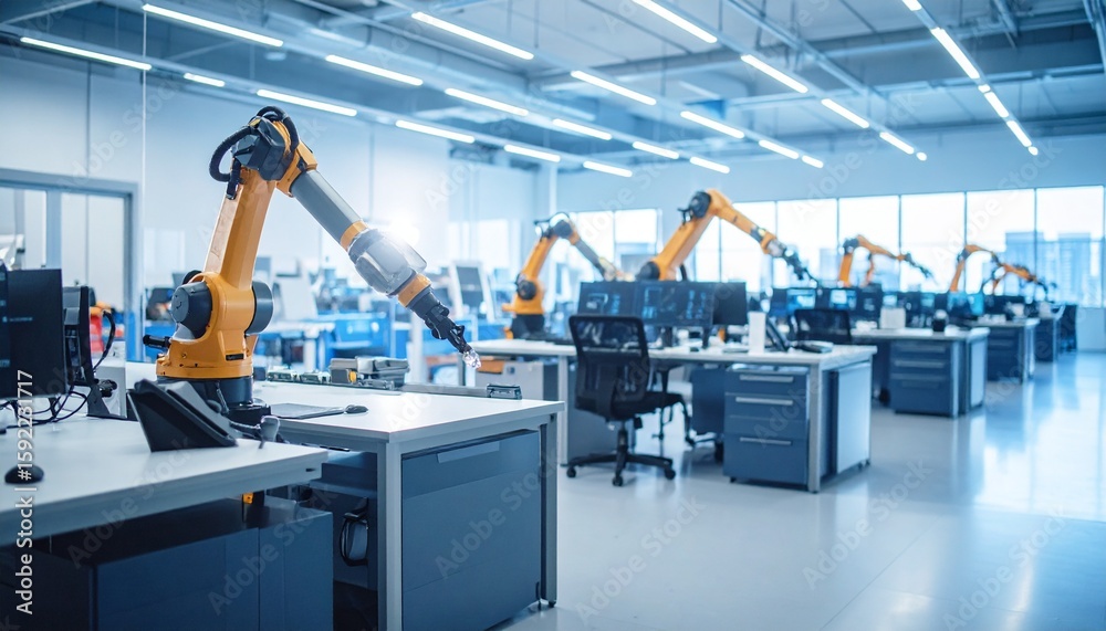 Naklejka premium Artificial Intelligence Automating Office Tasks with Robotic Arms and Software Icons