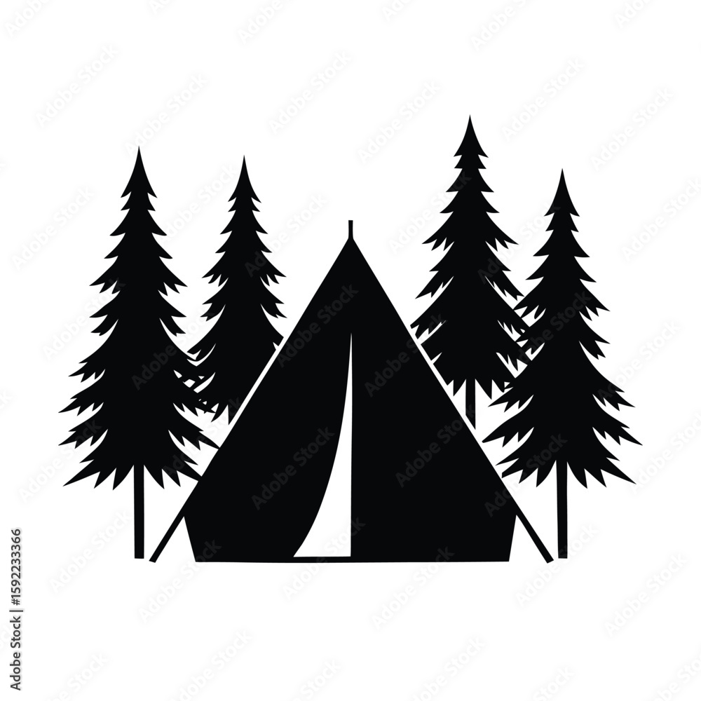 Obraz premium Camp Tent Nestled Peacefully In Forest Scene Line Art Vector illustration